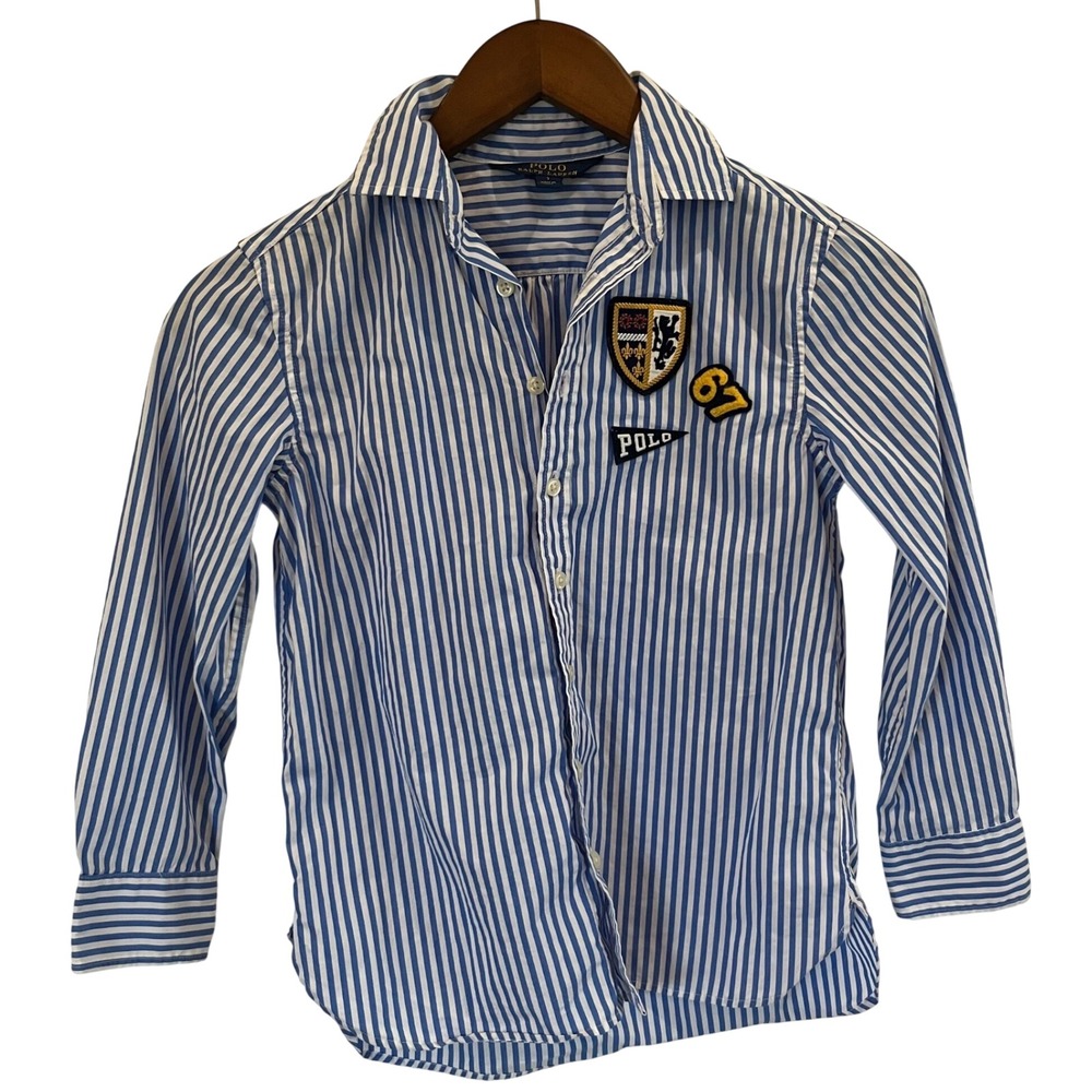 Polo Ralph Lauren Boys Blue White Striped Crest Patch Button Shirt Size 7 - 082